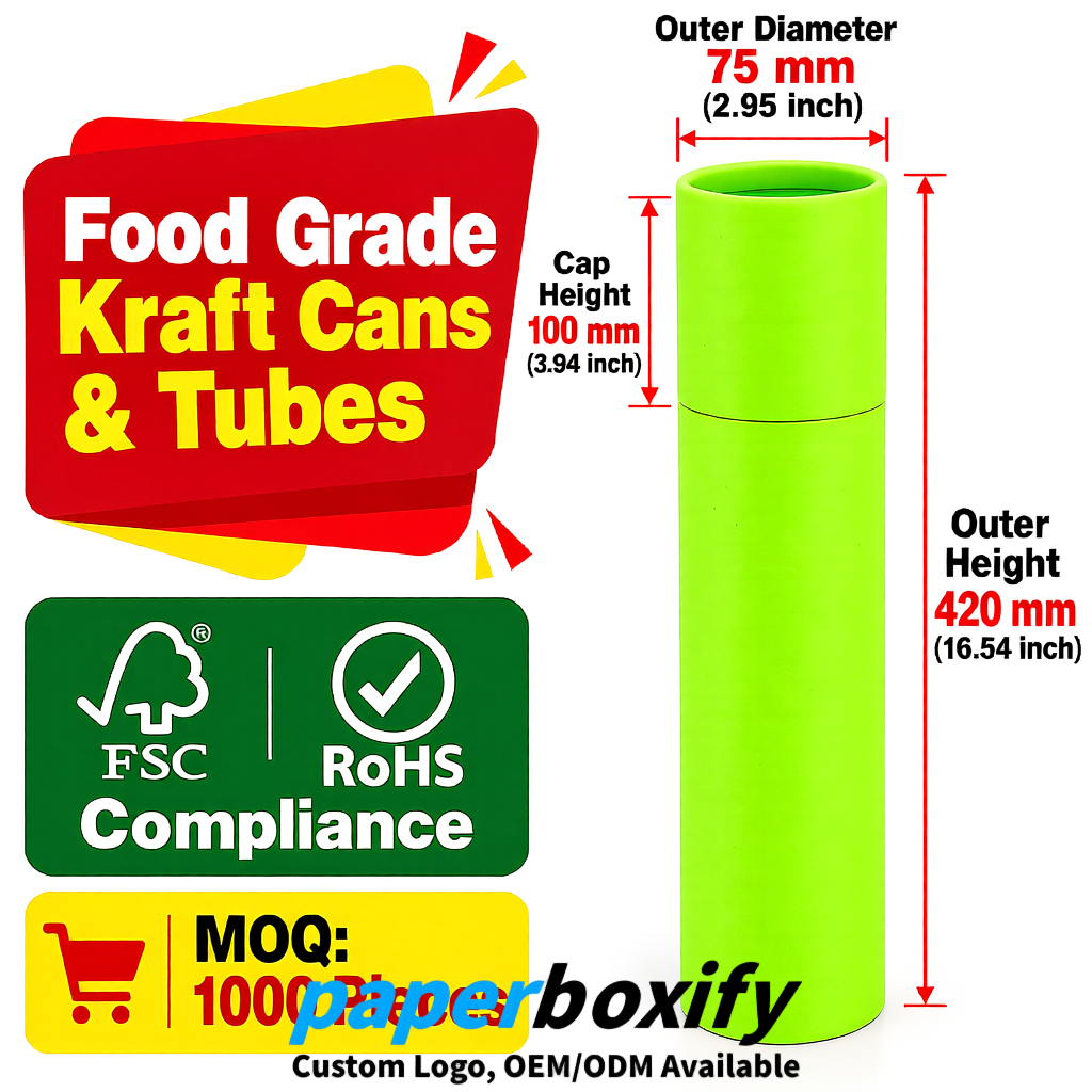 Lime Green 75x75x130/250/350/450mm Kraft Paper Cans & Tubes | FSC, ROHS Supplier