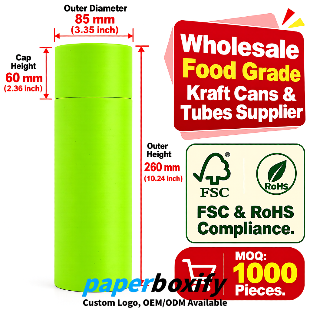 Lime Green Paper Tubes 85x85x160/260, 100x100x90/190/300mm FSC/RoHS Certified Manufacturer