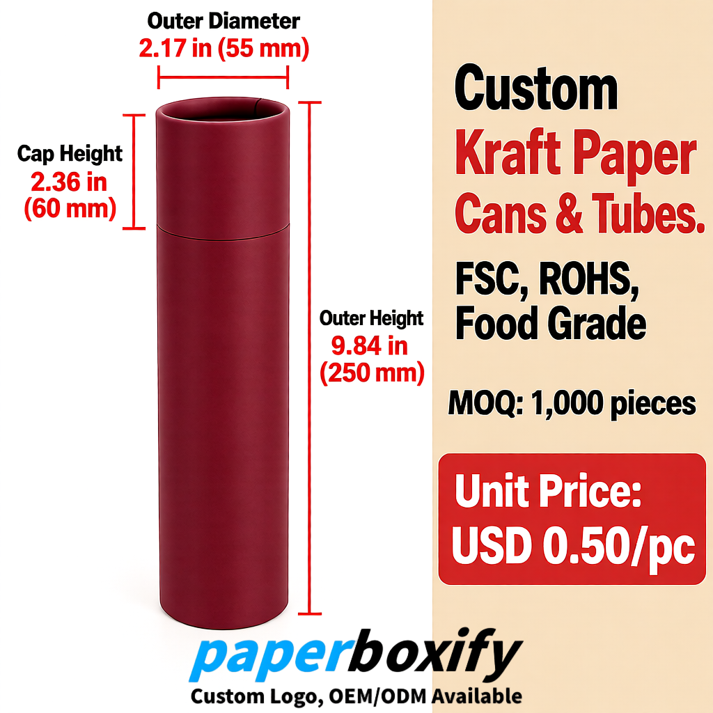 Maroon Food Grade Kraft Paper Cans & Tubes | FSC, ROHS Certified OEM Factory