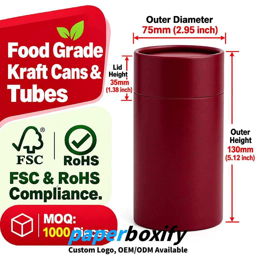 Maroon 75x75x130/250/350/450mm Kraft Paper Cans & Tubes | FSC, ROHS Supplier