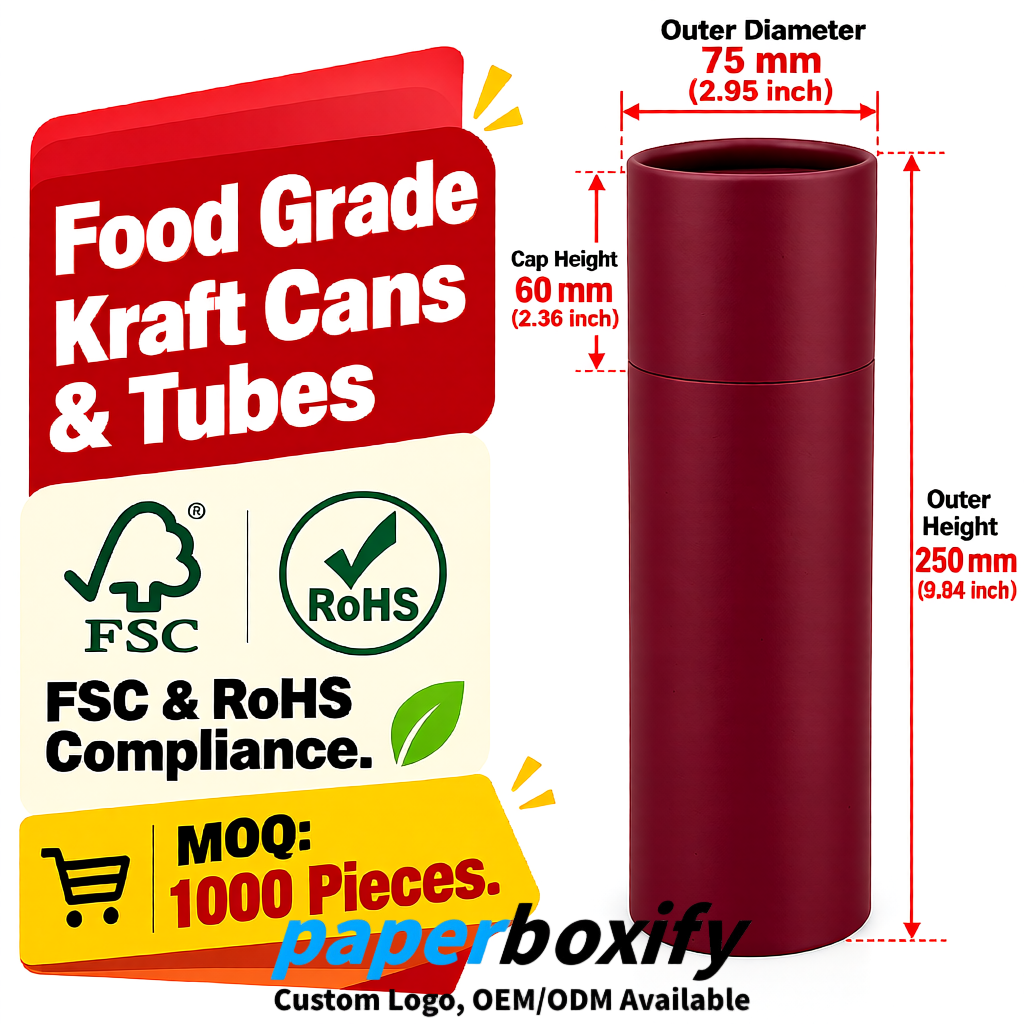 Maroon 75x75x130/250/350/450mm Kraft Paper Cans & Tubes | FSC, ROHS Supplier