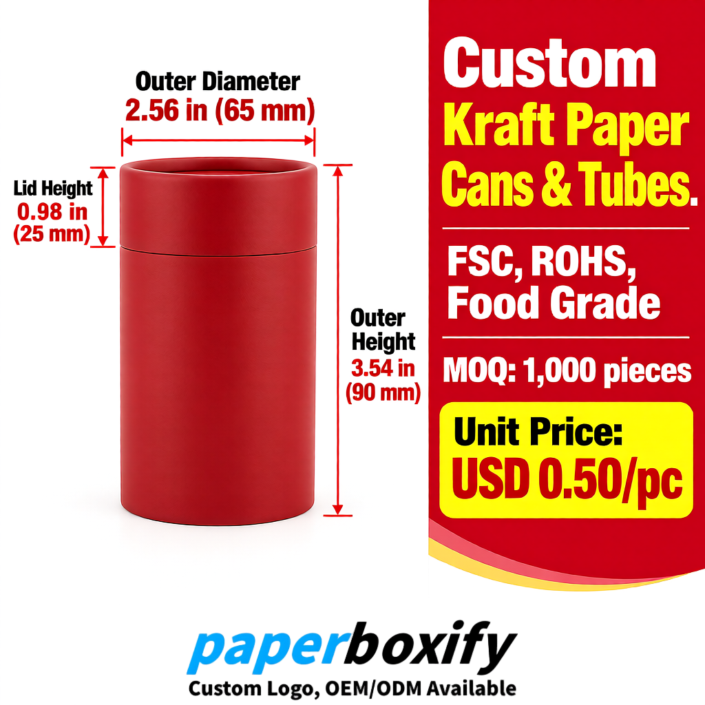 Matte Red Food Grade Kraft Paper Cans & Tubes | FSC, ROHS Certified OEM Factory Matte Red Food Grade Kraft Paper Cans & Tubes | FSC, ROHS Certified OEM Factory