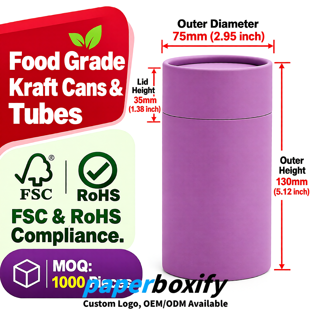 Mauve 75x75x130/250/350/450mm Kraft Paper Cans & Tubes | FSC, ROHS Supplier Mauve 75x75x130/250/350/450mm Kraft Paper Cans & Tubes | FSC, ROHS Supplier