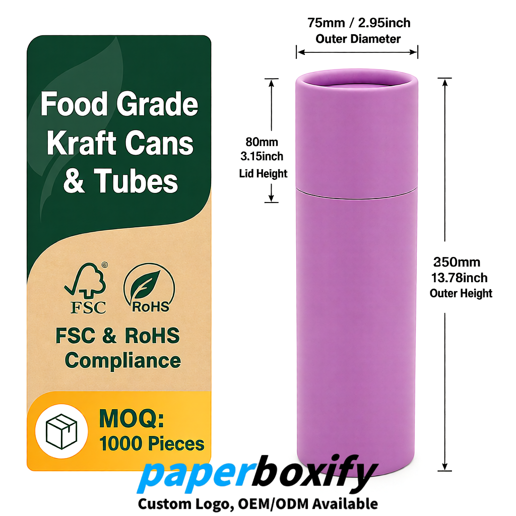 Mauve 75x75x130/250/350/450mm Kraft Paper Cans & Tubes | FSC, ROHS Supplier