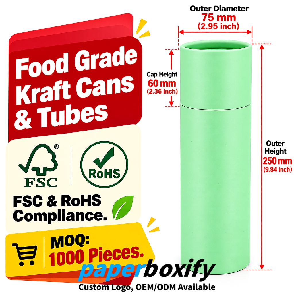 Mint Green 75x75x130/250/350/450mm Kraft Paper Cans & Tubes | FSC, ROHS Supplier