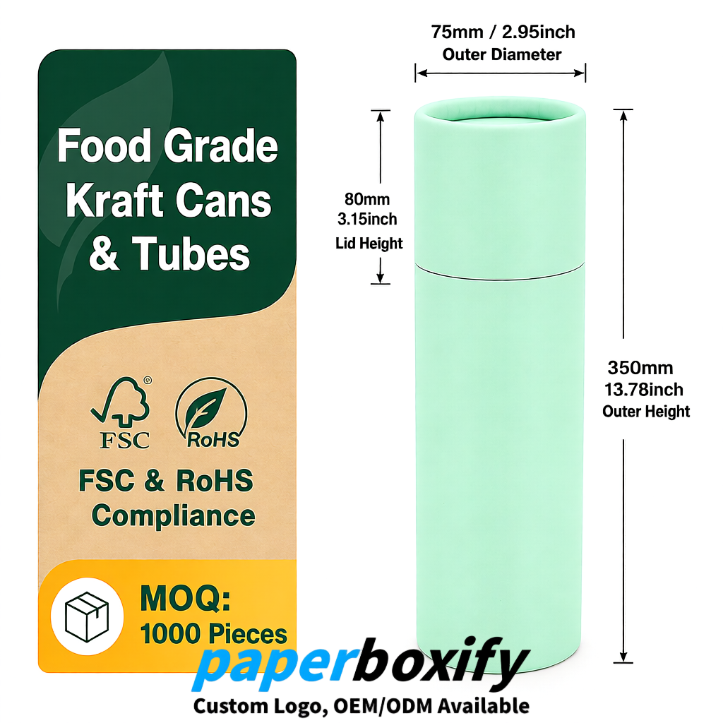 Mint Green 75x75x130/250/350/450mm Kraft Paper Cans & Tubes | FSC, ROHS Supplier