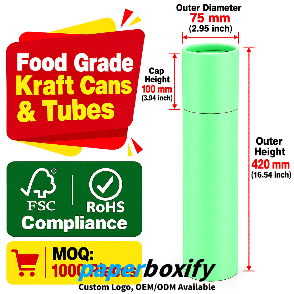Mint Green 75x75x130/250/350/450mm Kraft Paper Cans & Tubes | FSC, ROHS Supplier