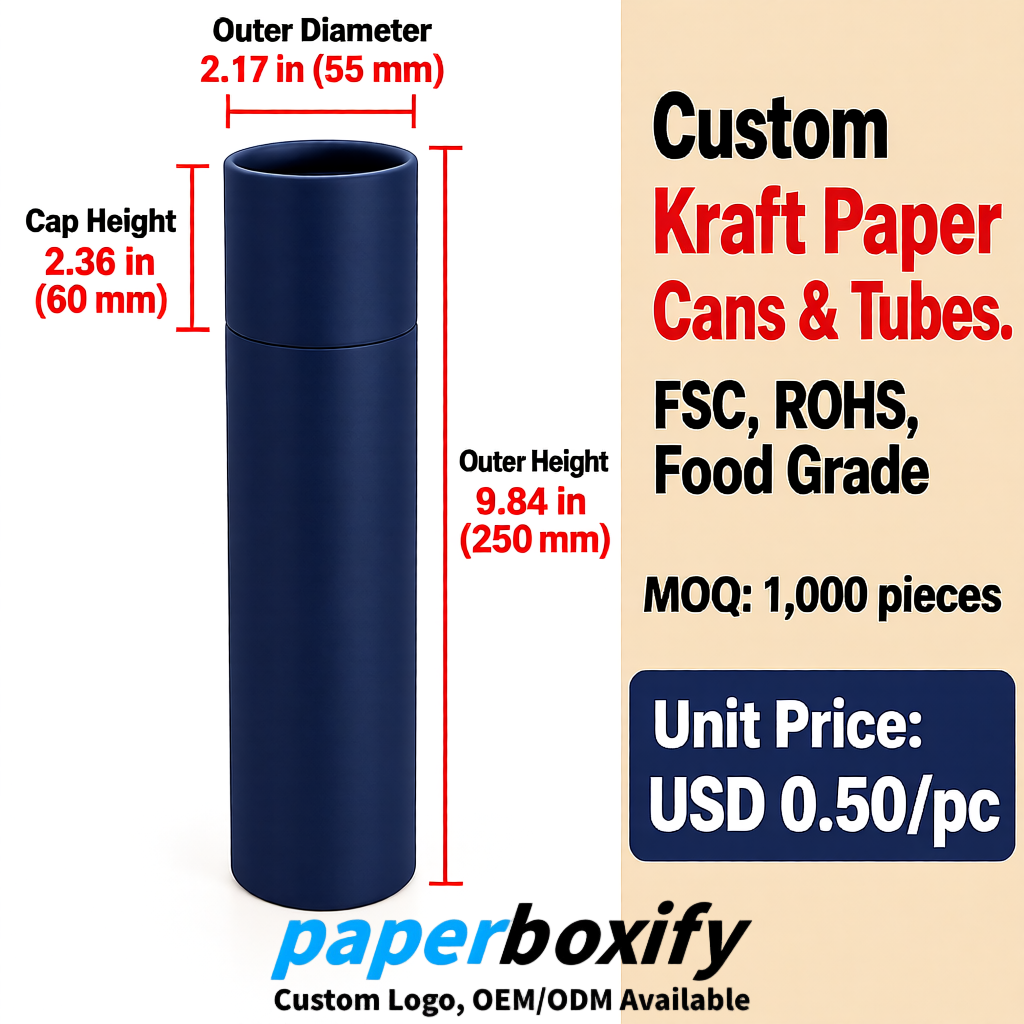 Navy Blue Food Grade Kraft Paper Cans & Tubes | FSC, ROHS Certified OEM Factory