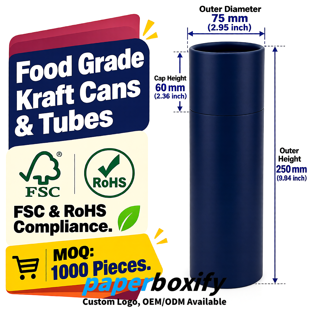 Navy Blue 75x75x130/250/350/450mm Kraft Paper Cans & Tubes | FSC, ROHS Supplier
