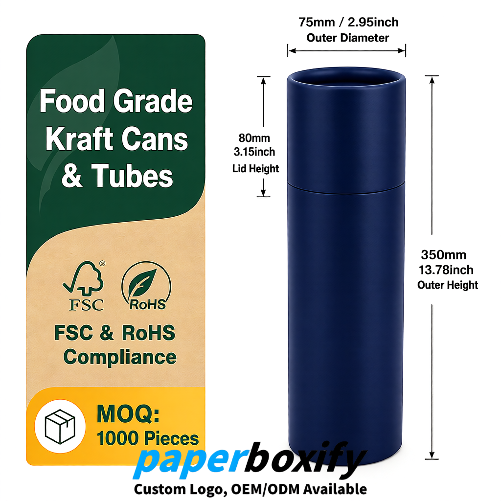 Navy Blue 75x75x130/250/350/450mm Kraft Paper Cans & Tubes | FSC, ROHS Supplier