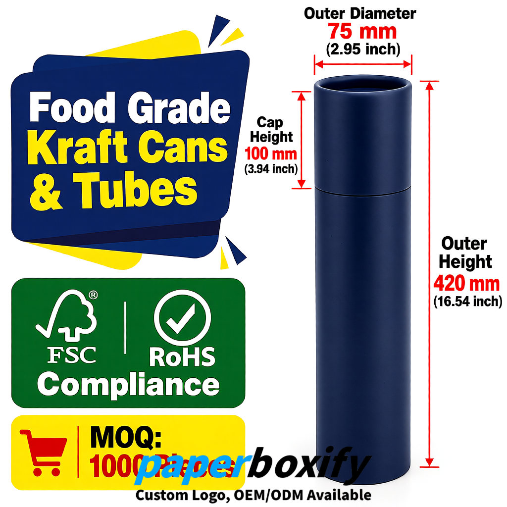 Navy Blue 75x75x130/250/350/450mm Kraft Paper Cans & Tubes | FSC, ROHS Supplier