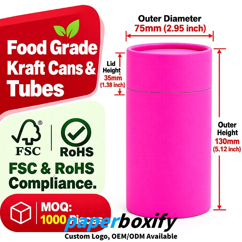 Neon Pink 75x75x130/250/350/450mm Kraft Paper Cans & Tubes | FSC, ROHS Supplier