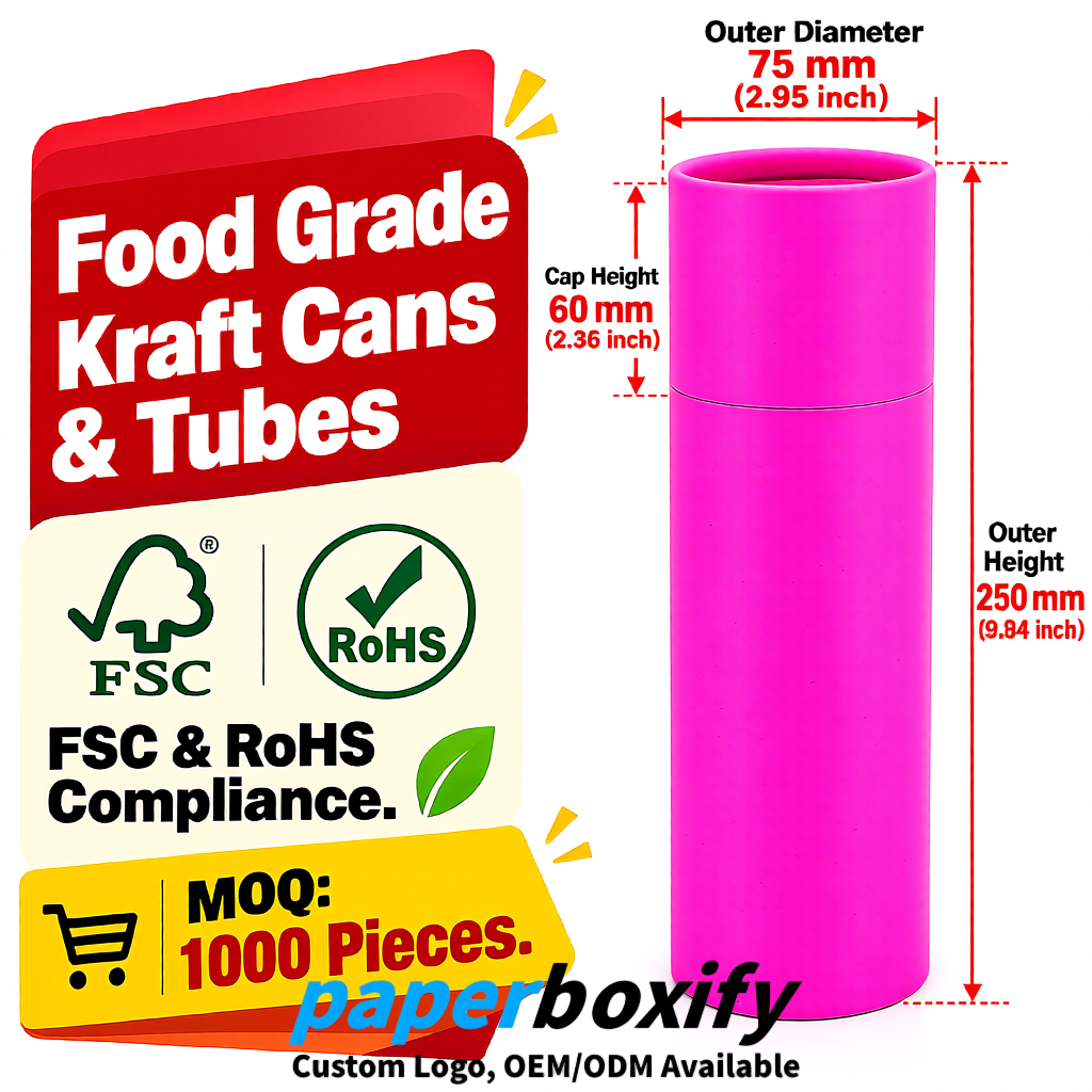 Neon Pink 75x75x130/250/350/450mm Kraft Paper Cans & Tubes | FSC, ROHS Supplier