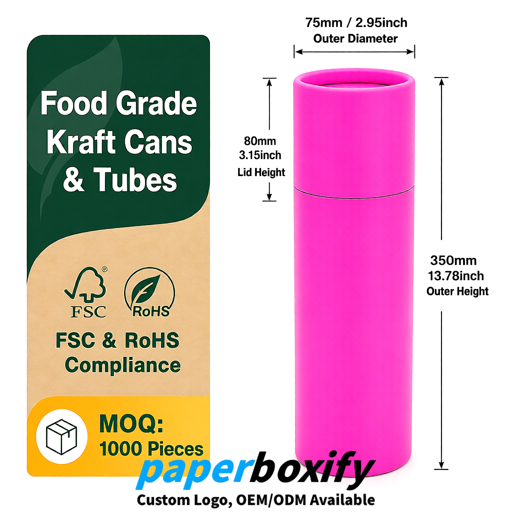 Neon Pink 75x75x130/250/350/450mm Kraft Paper Cans & Tubes | FSC, ROHS Supplier
