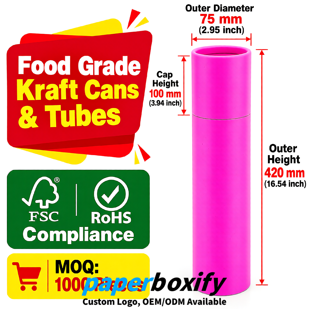 Neon Pink 75x75x130/250/350/450mm Kraft Paper Cans & Tubes | FSC, ROHS Supplier