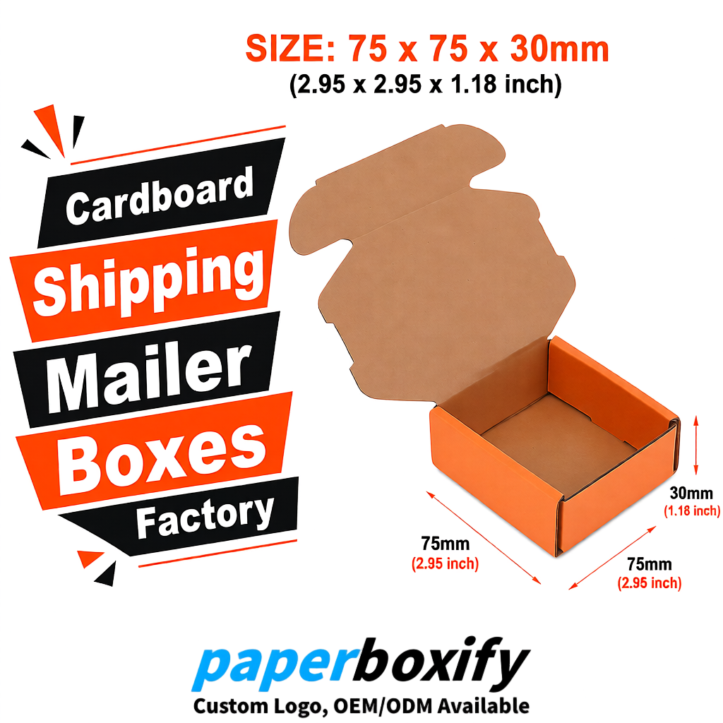 Orange Cardboard Shipping Mailer Boxes 75x75x30, 100x100x40, 110x100x60, 100x60x40, 90x70x30mm