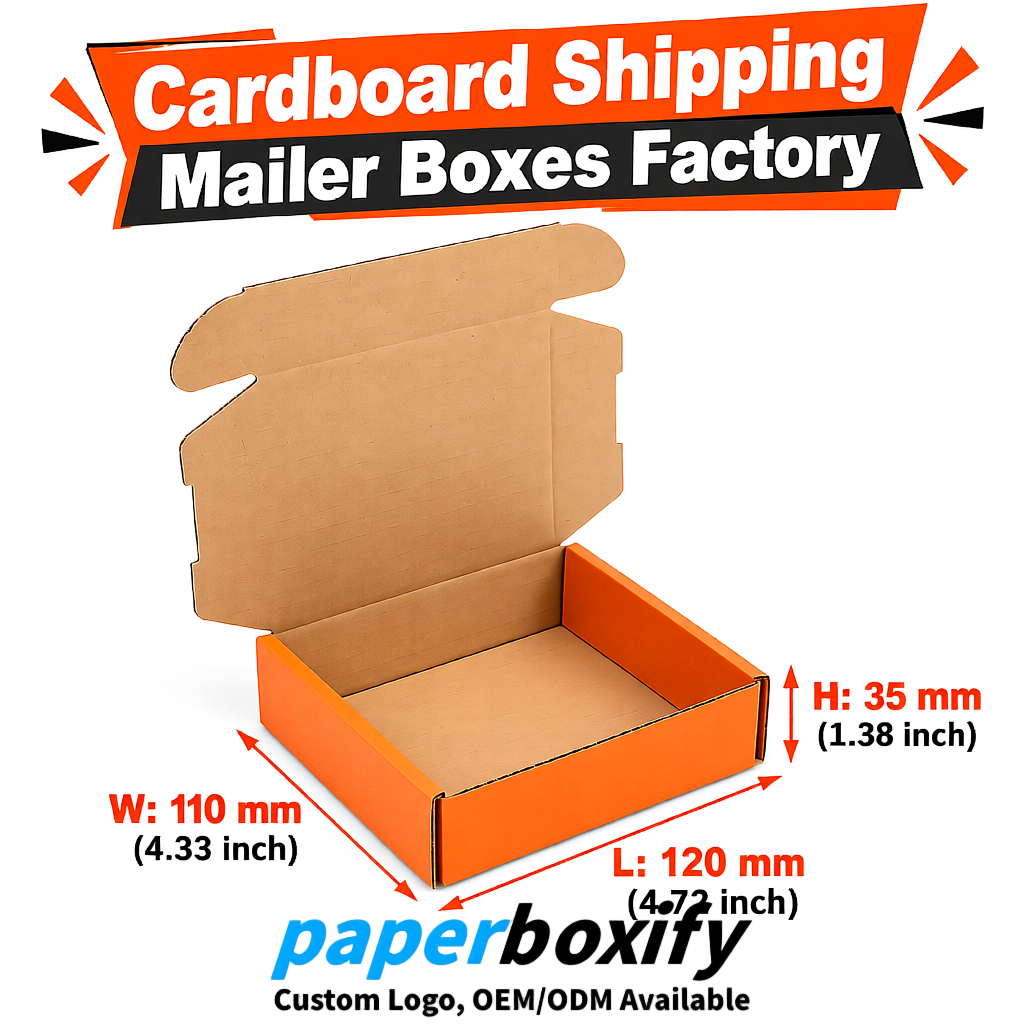 Orange Self-Locking Cardboard Mailer Boxes 120x110x35, 120x120x40, 130x120x50, 130x80x25, 130x80x40mm