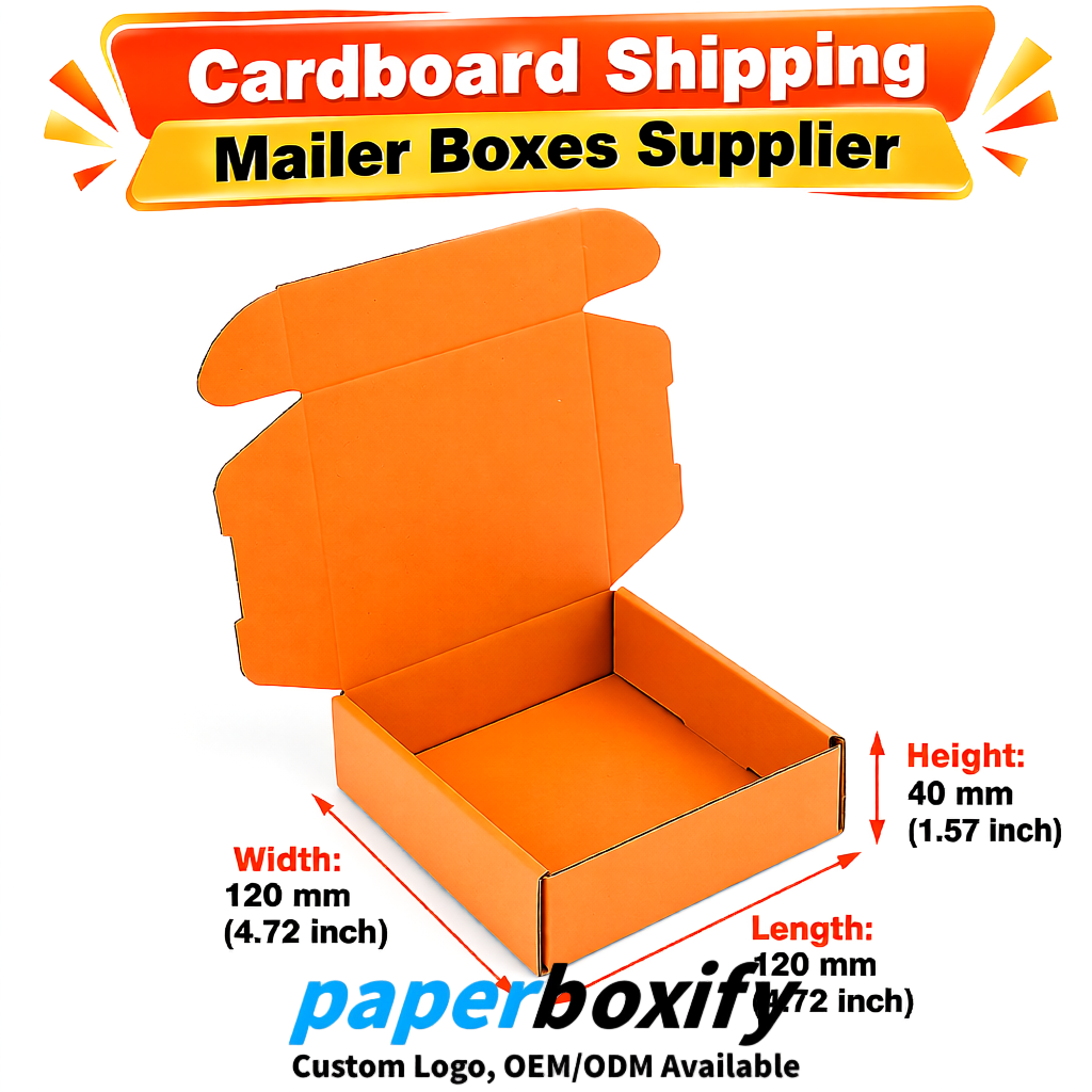 Orange Self-Locking Cardboard Mailer Boxes 120x110x35, 120x120x40, 130x120x50, 130x80x25, 130x80x40mm