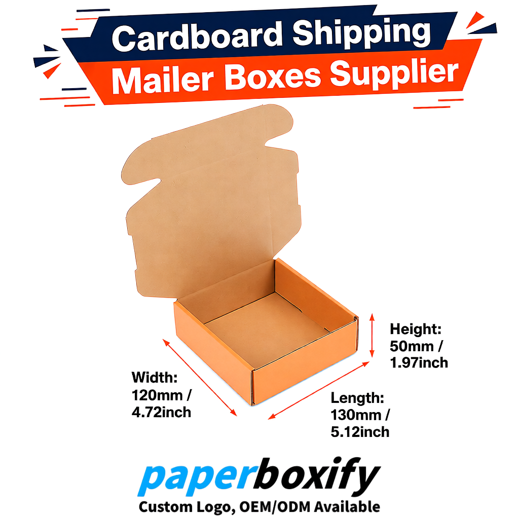 Orange Self-Locking Cardboard Mailer Boxes 120x110x35, 120x120x40, 130x120x50, 130x80x25, 130x80x40mm