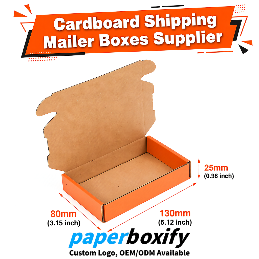 Orange Self-Locking Cardboard Mailer Boxes 120x110x35, 120x120x40, 130x120x50, 130x80x25, 130x80x40mm