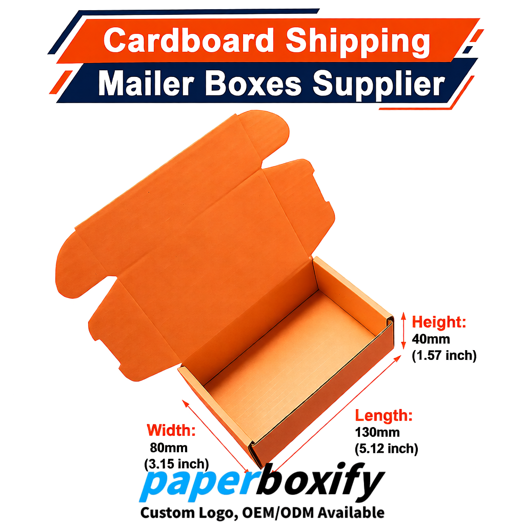 Orange Self-Locking Cardboard Mailer Boxes 120x110x35, 120x120x40, 130x120x50, 130x80x25, 130x80x40mm