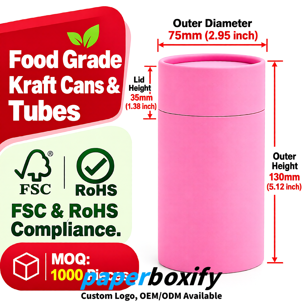 Pink 75x75x130/250/350/450mm Kraft Paper Cans & Tubes | FSC, ROHS Supplier