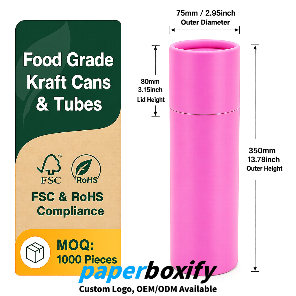 Pink 75x75x130/250/350/450mm Kraft Paper Cans & Tubes | FSC, ROHS Supplier