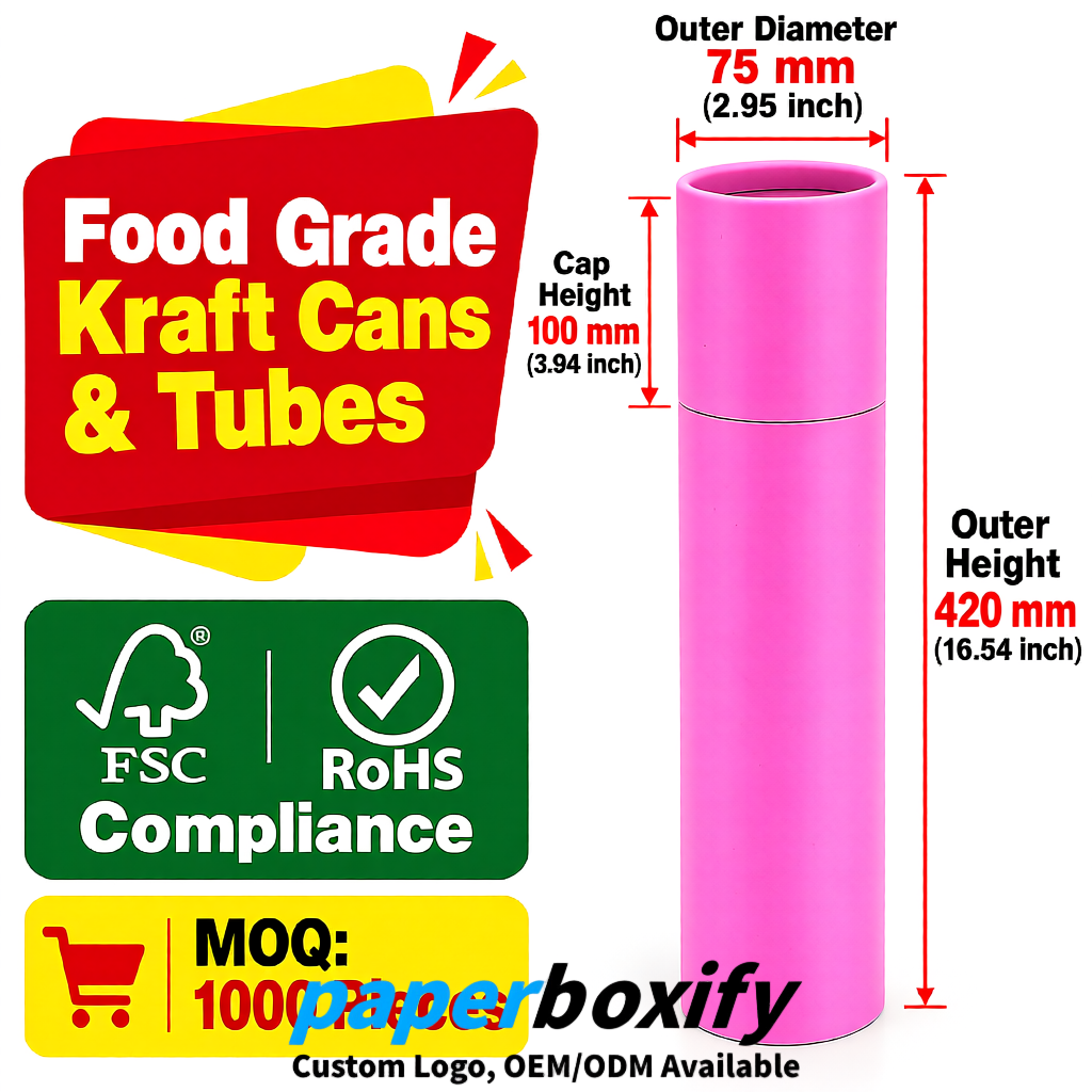 Pink 75x75x130/250/350/450mm Kraft Paper Cans & Tubes | FSC, ROHS Supplier