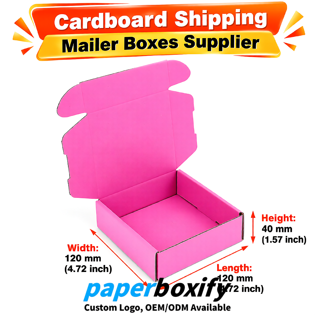 Pink Self-Locking Cardboard Mailer Boxes 120x110x35, 120x120x40, 130x120x50, 130x80x25, 130x80x40mm
