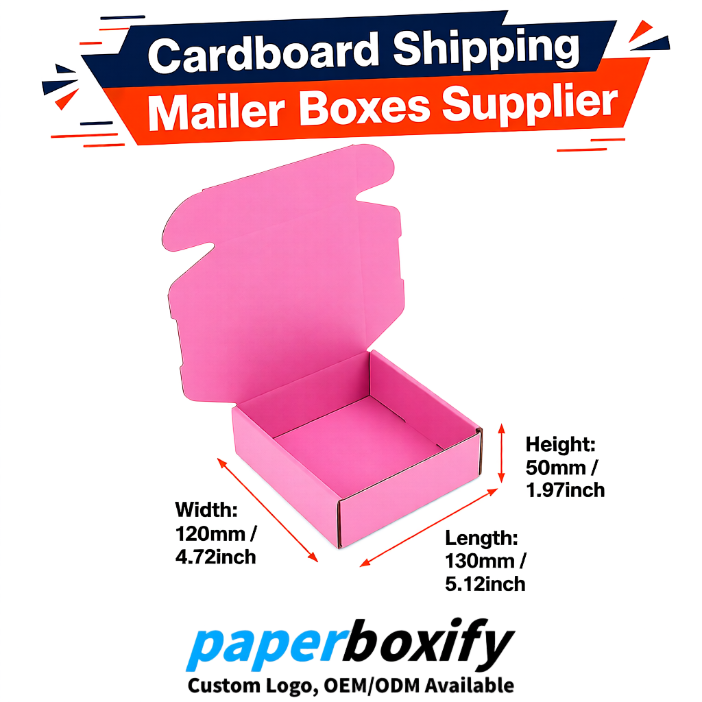 Pink Self-Locking Cardboard Mailer Boxes 120x110x35, 120x120x40, 130x120x50, 130x80x25, 130x80x40mm