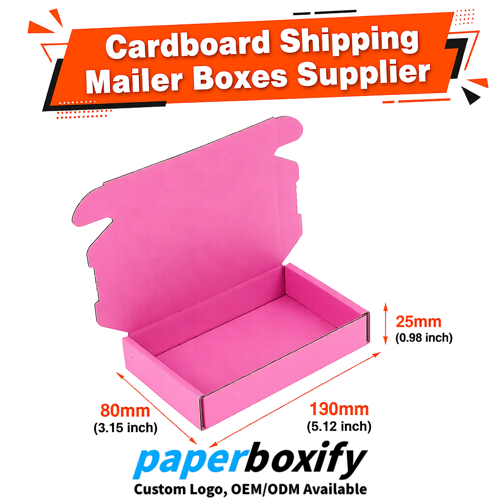 Pink Self-Locking Cardboard Mailer Boxes 120x110x35, 120x120x40, 130x120x50, 130x80x25, 130x80x40mm