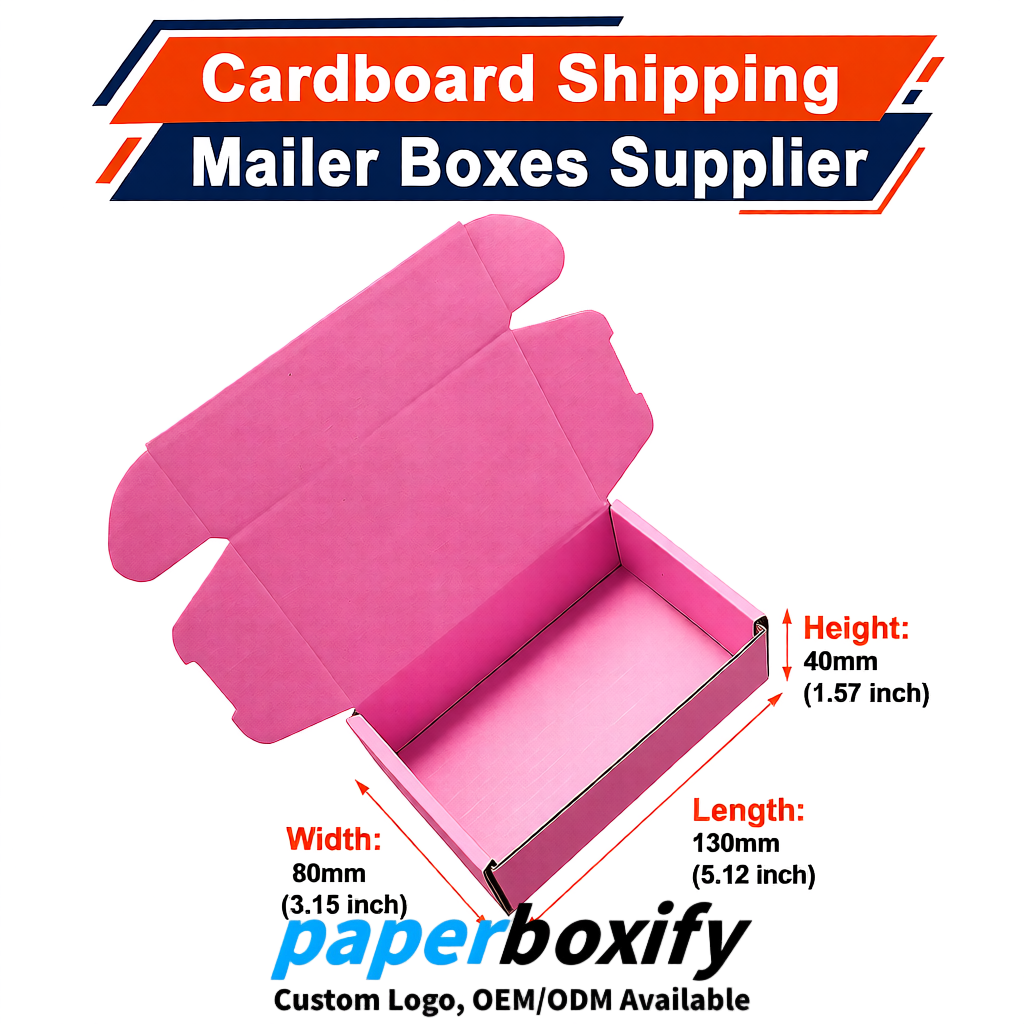 Pink Self-Locking Cardboard Mailer Boxes 120x110x35, 120x120x40, 130x120x50, 130x80x25, 130x80x40mm