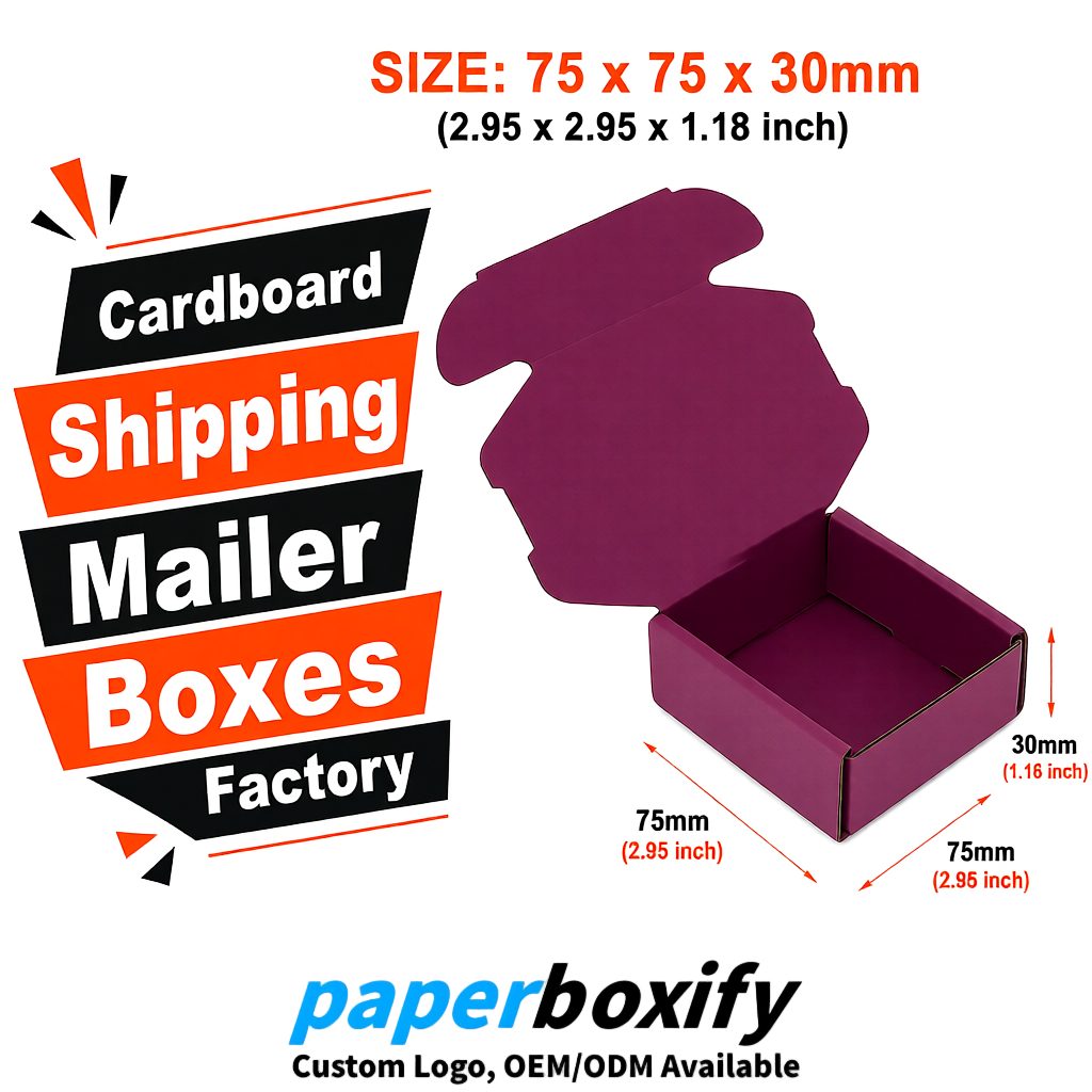 Plum Cardboard Shipping Mailer Boxes 75x75x30, 100x100x40, 110x100x60, 100x60x40, 90x70x30mm
