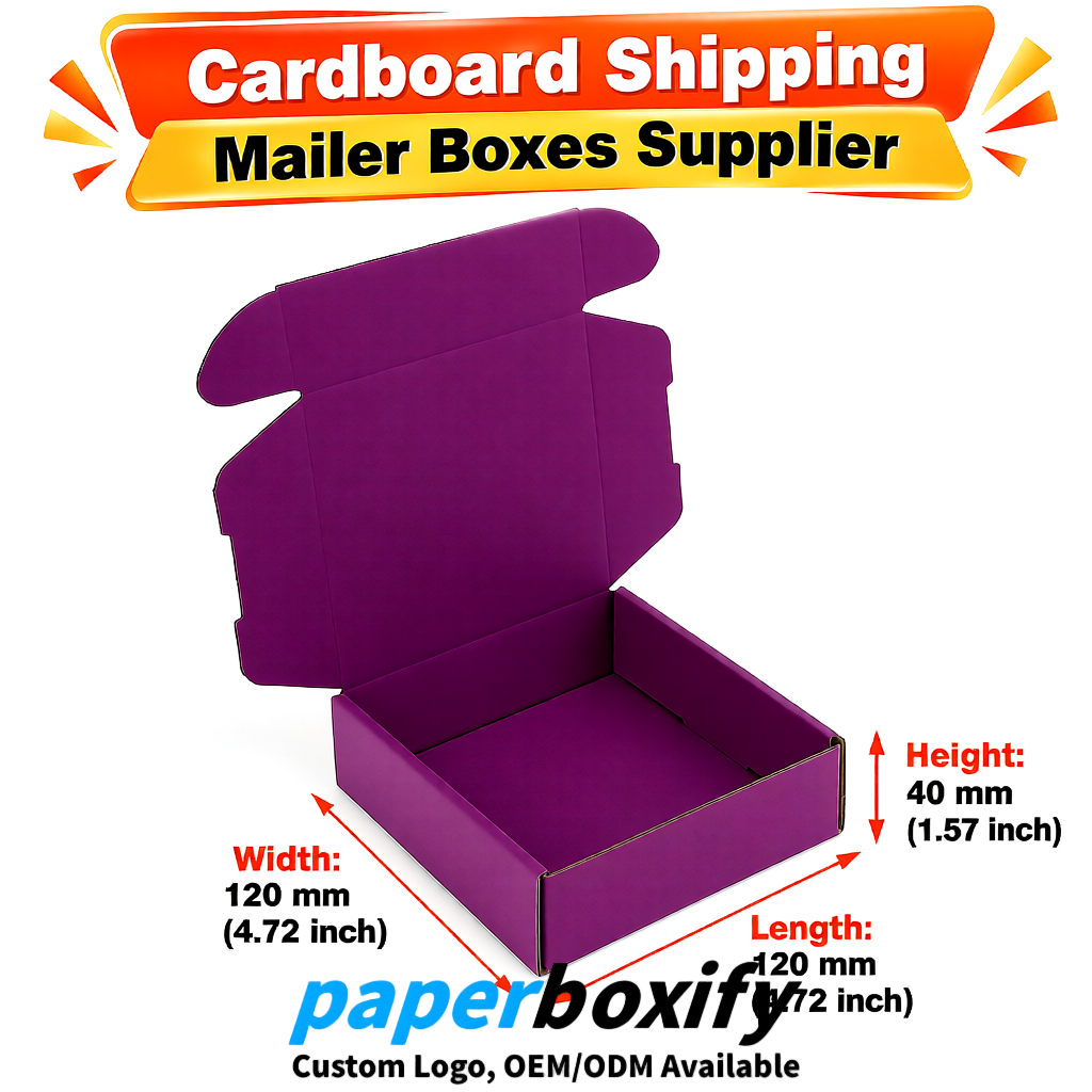 Plum Self-Locking Cardboard Mailer Boxes 120x110x35, 120x120x40, 130x120x50, 130x80x25, 130x80x40mm