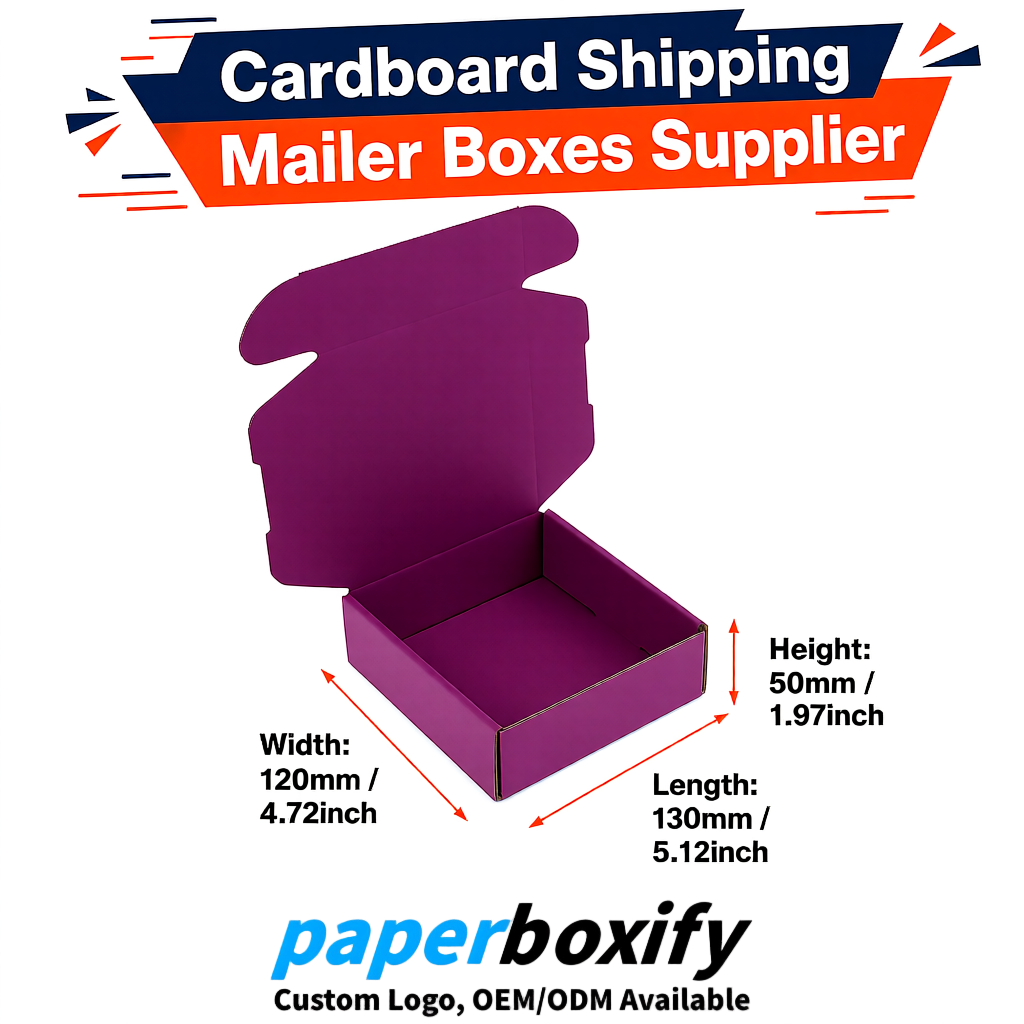 Plum Self-Locking Cardboard Mailer Boxes 120x110x35, 120x120x40, 130x120x50, 130x80x25, 130x80x40mm