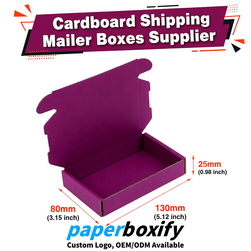 Plum Self-Locking Cardboard Mailer Boxes 120x110x35, 120x120x40, 130x120x50, 130x80x25, 130x80x40mm