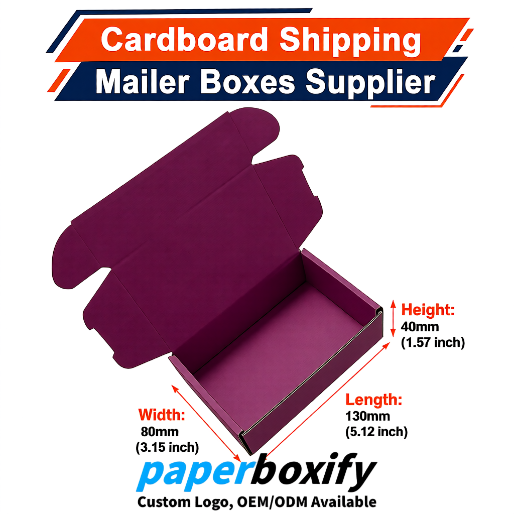 Plum Self-Locking Cardboard Mailer Boxes 120x110x35, 120x120x40, 130x120x50, 130x80x25, 130x80x40mm