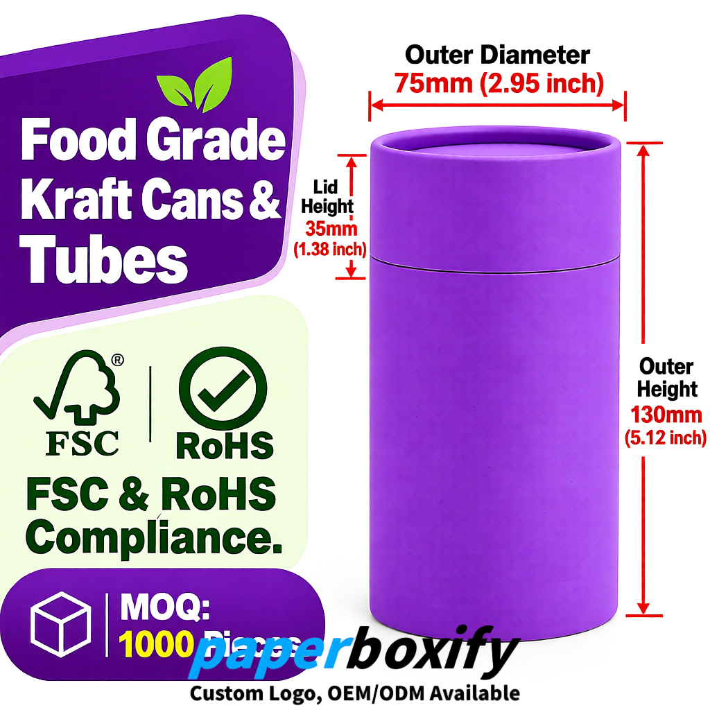 Purple 75x75x130/250/350/450mm Kraft Paper Cans & Tubes | FSC, ROHS Supplier