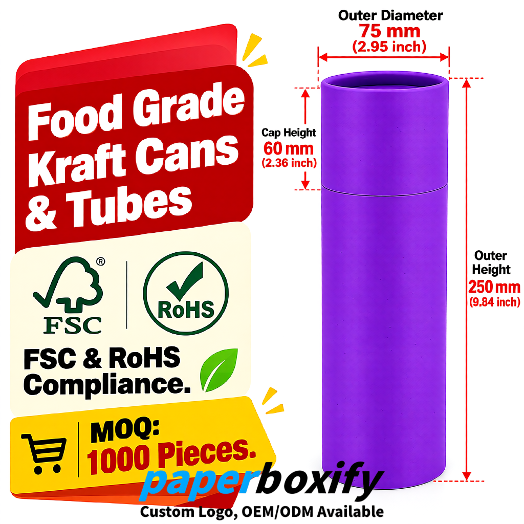 Purple 75x75x130/250/350/450mm Kraft Paper Cans & Tubes | FSC, ROHS Supplier