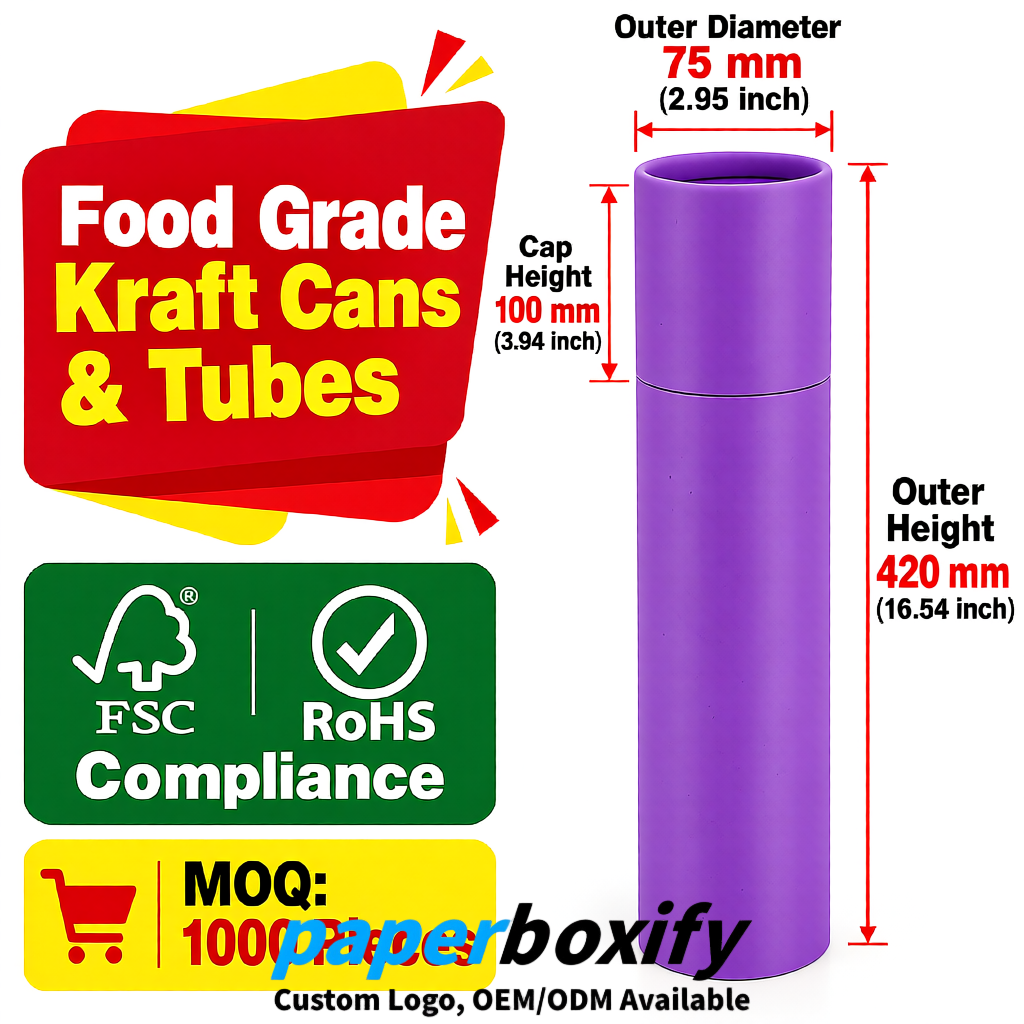 Purple 75x75x130/250/350/450mm Kraft Paper Cans & Tubes | FSC, ROHS Supplier