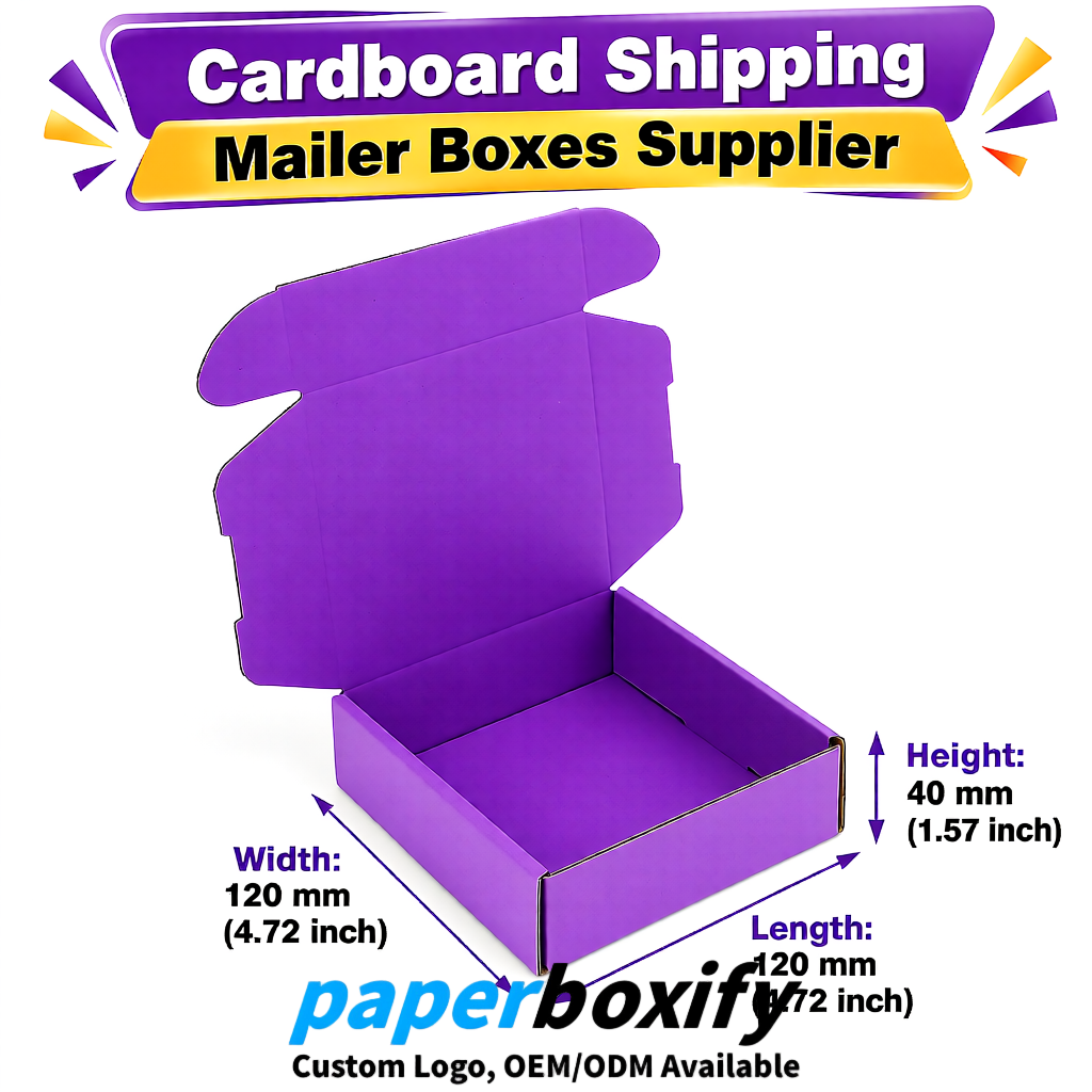 Purple Self-Locking Cardboard Mailer Boxes 120x110x35, 120x120x40, 130x120x50, 130x80x25, 130x80x40mm