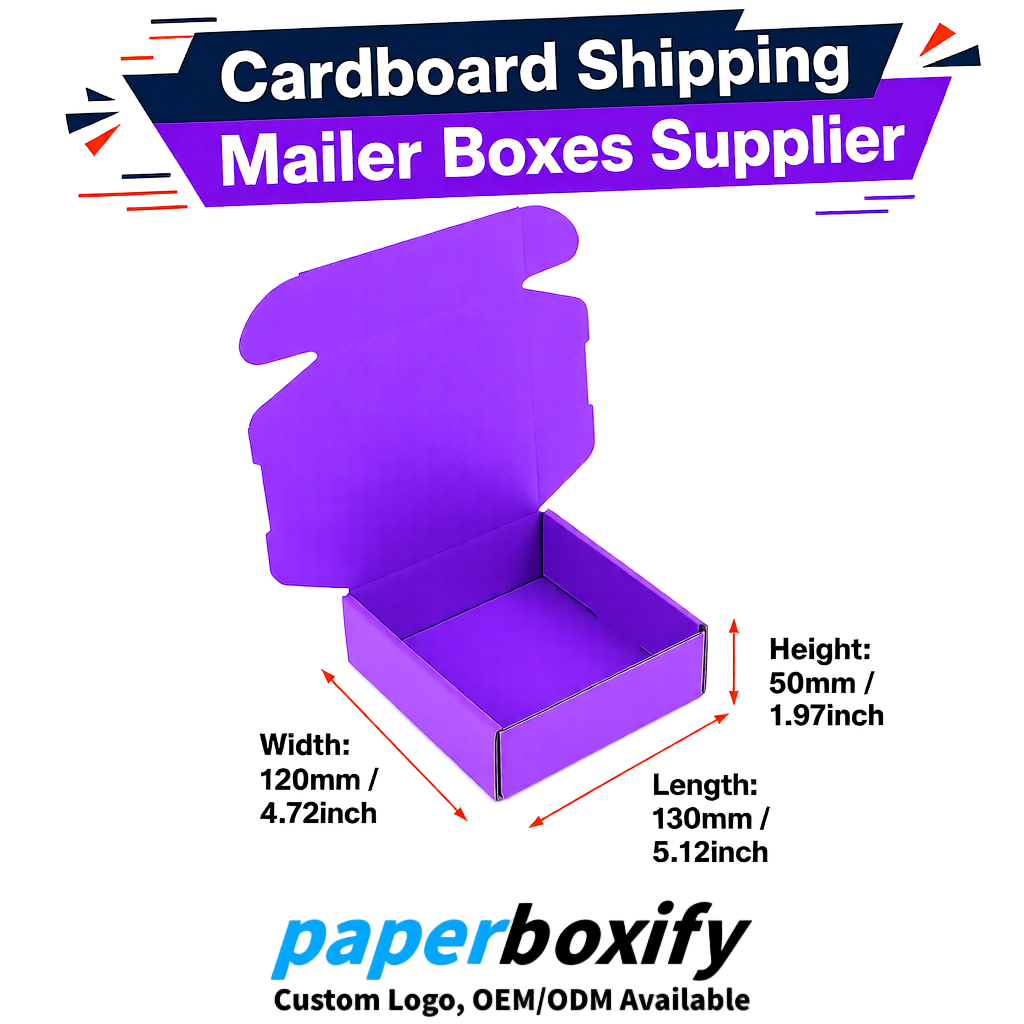 Purple Self-Locking Cardboard Mailer Boxes 120x110x35, 120x120x40, 130x120x50, 130x80x25, 130x80x40mm