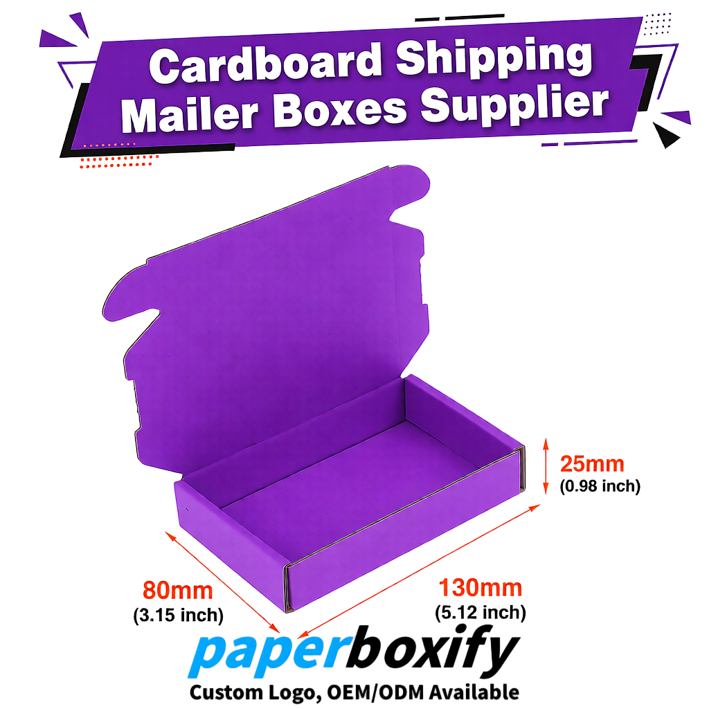 Purple Self-Locking Cardboard Mailer Boxes 120x110x35, 120x120x40, 130x120x50, 130x80x25, 130x80x40mm