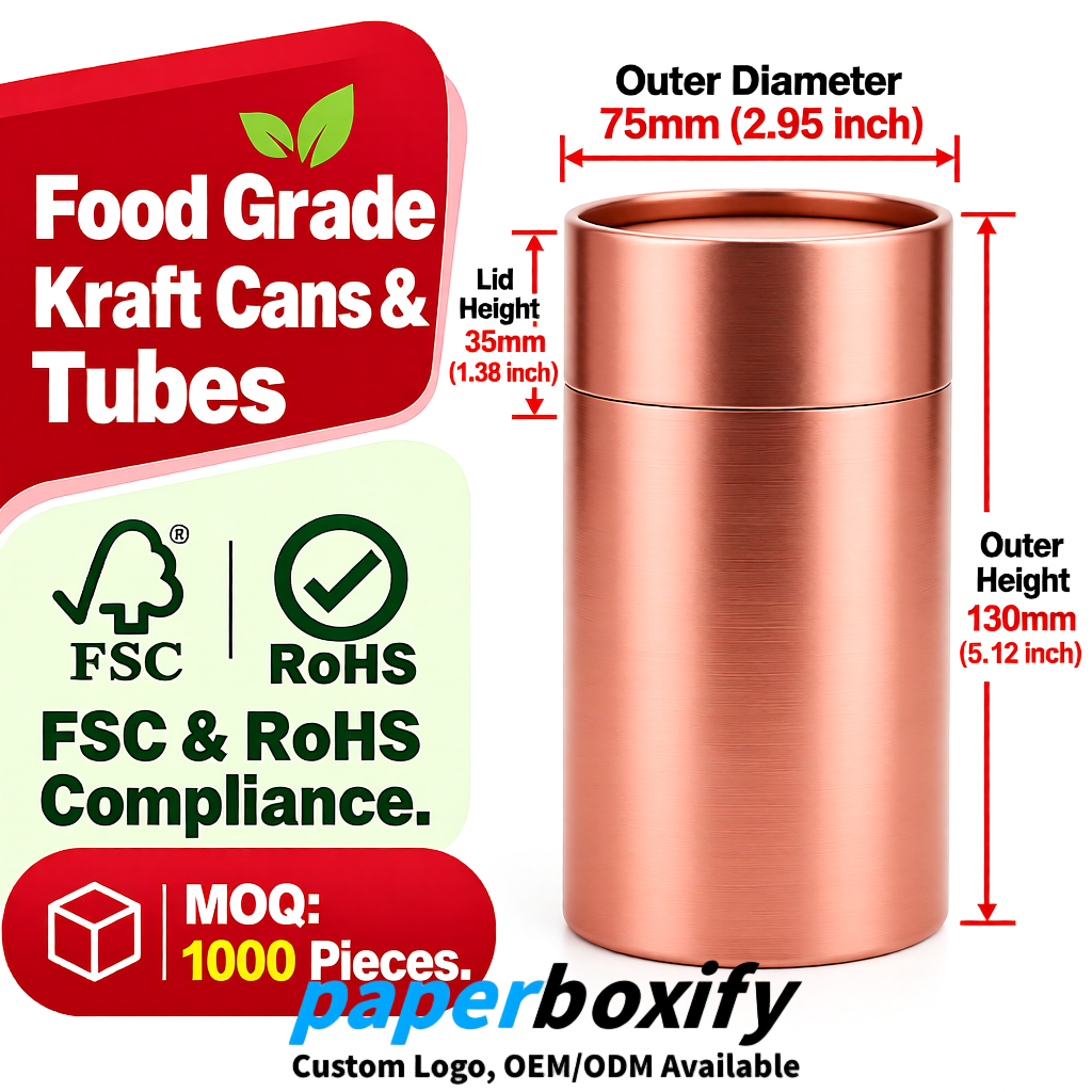 Rose Gold 75x75x130/250/350/450mm Kraft Paper Cans & Tubes | FSC, ROHS Supplier