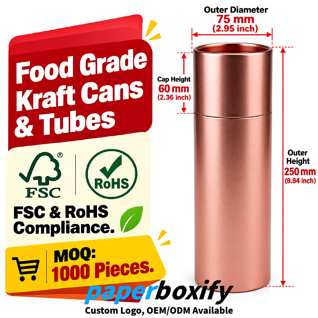 Rose Gold 75x75x130/250/350/450mm Kraft Paper Cans & Tubes | FSC, ROHS Supplier