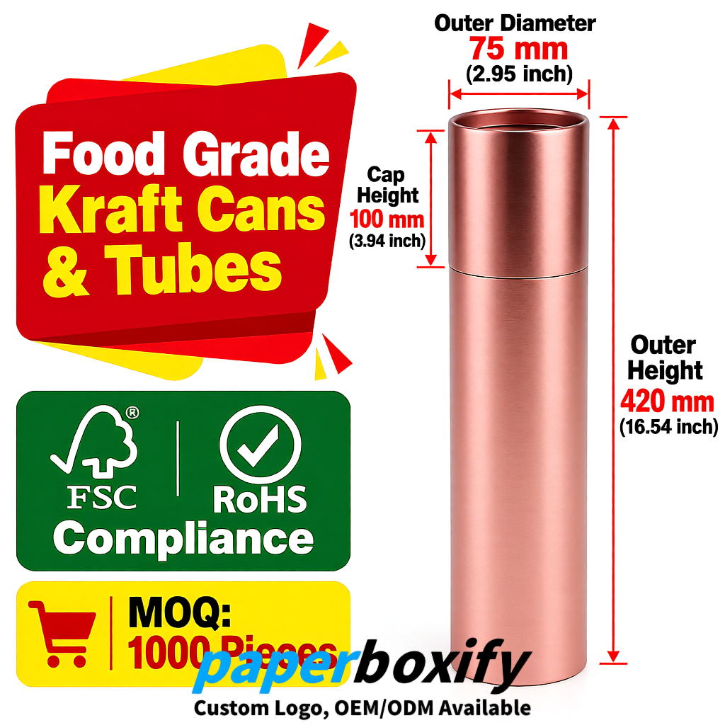 Rose Gold 75x75x130/250/350/450mm Kraft Paper Cans & Tubes | FSC, ROHS Supplier