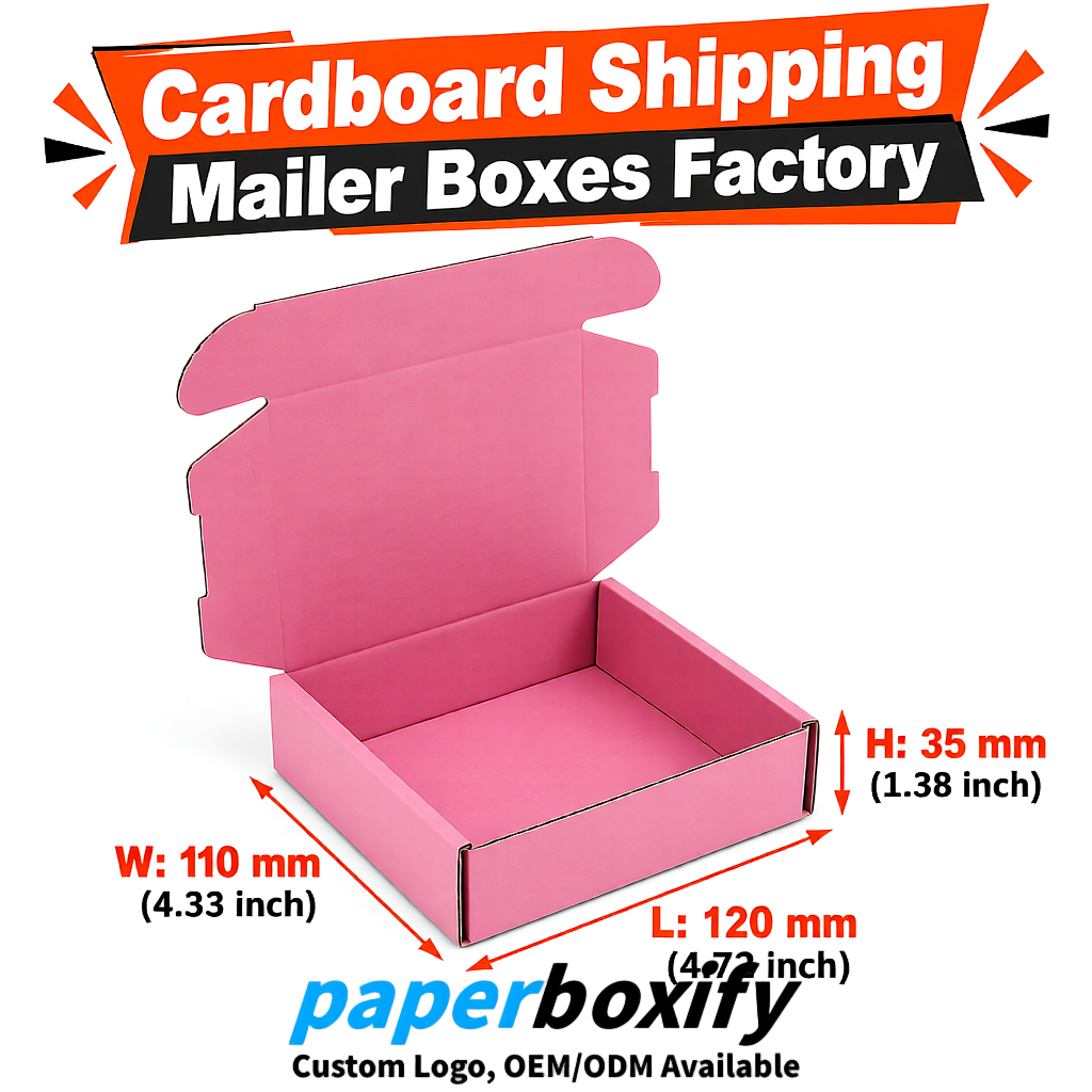 Rose Pink Self-Locking Cardboard Mailer Boxes 120x110x35, 120x120x40, 130x120x50, 130x80x25, 130x80x40mm