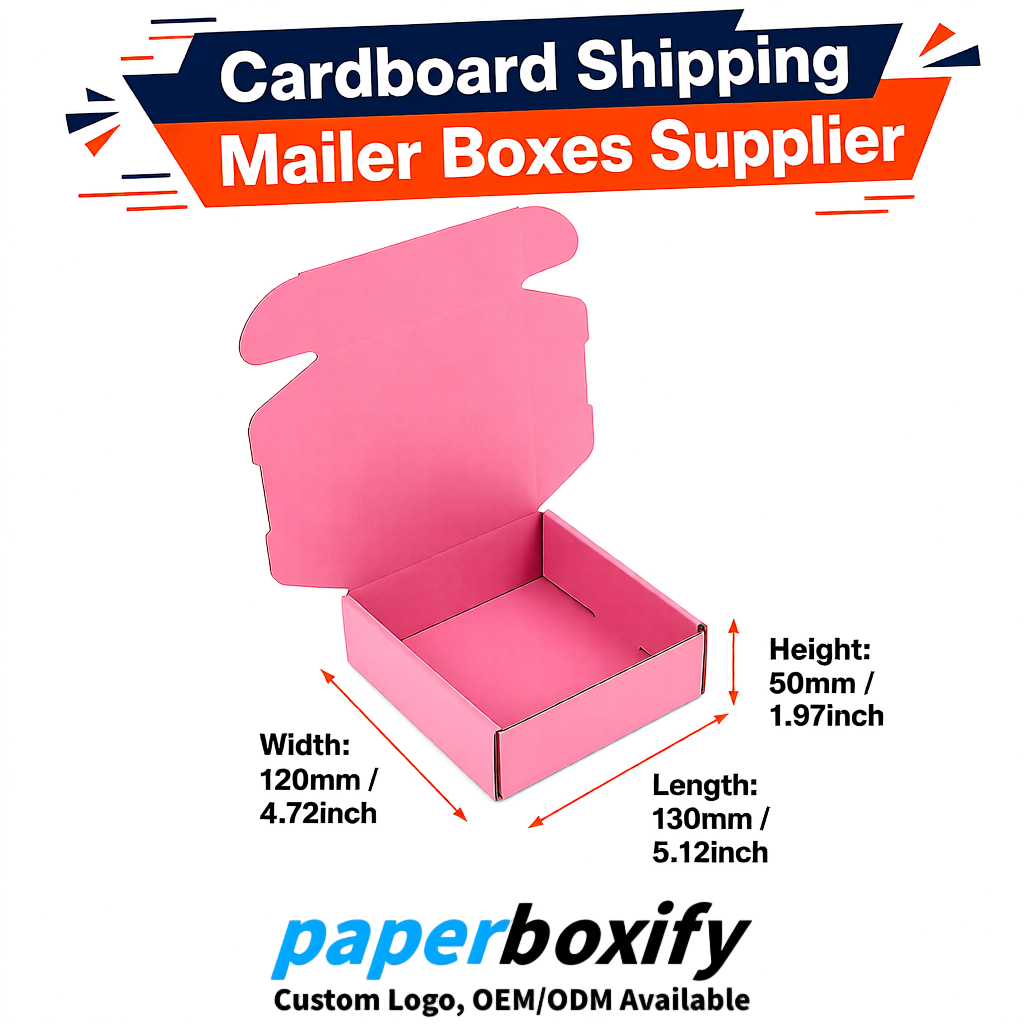Rose Pink Self-Locking Cardboard Mailer Boxes 120x110x35, 120x120x40, 130x120x50, 130x80x25, 130x80x40mm