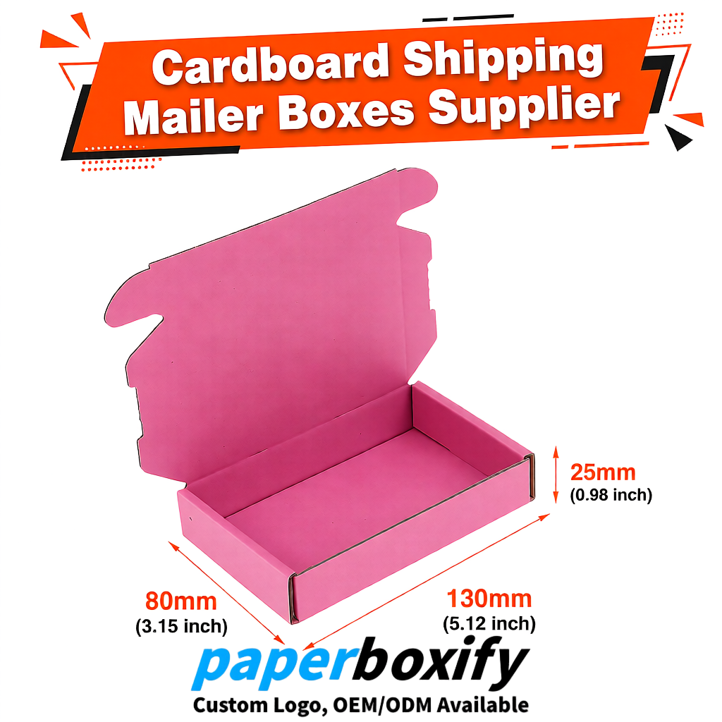 Rose Pink Self-Locking Cardboard Mailer Boxes 120x110x35, 120x120x40, 130x120x50, 130x80x25, 130x80x40mm