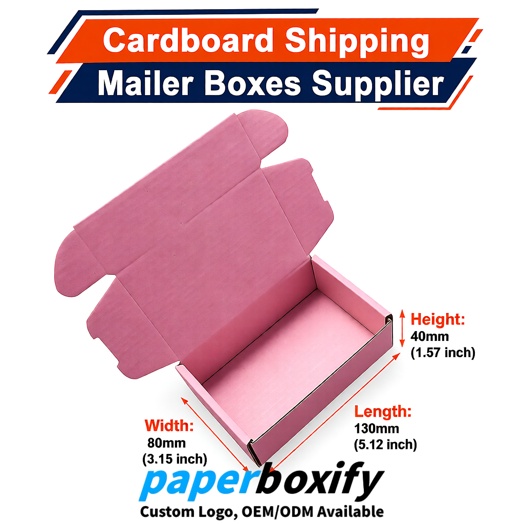 Rose Pink Self-Locking Cardboard Mailer Boxes 120x110x35, 120x120x40, 130x120x50, 130x80x25, 130x80x40mm